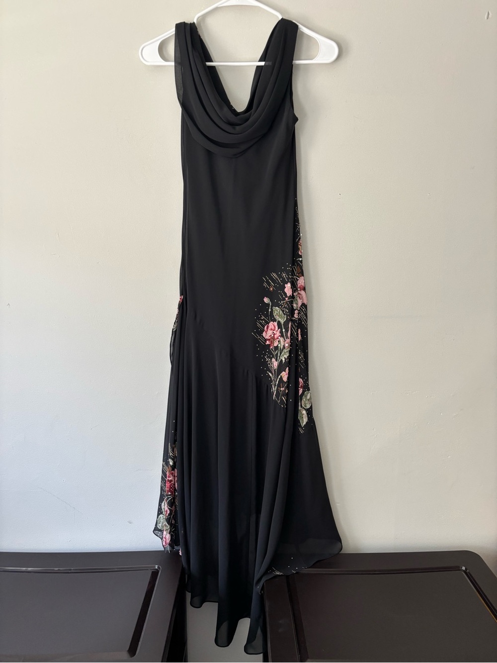 Y2K Black Asymmetrical Fairycore Beaded Pink Floral Draped Collar Dress - Small - Picture 10 of 15